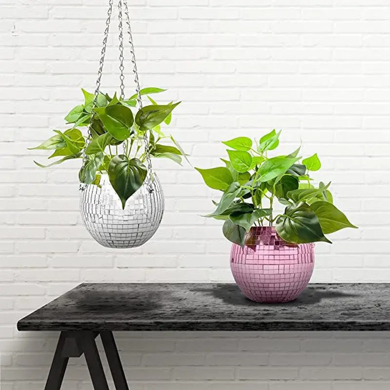 Disco-Spiegelkugel Hängender Blumentopf Sukkulenten-Pflanzgefäß für Innen- und Gartenbereich Wanddekoration Vase mit Holzring-Kette – Detail 14