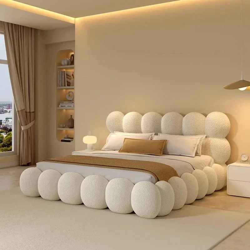 

French cream air bubble bed master bedroom lamb wool fabric soft bag bed