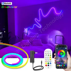 A fita flexível multicolorido rgbica conduziu a tira de néon 96leds/m 12v corda de silicone ip67 impermeável rgb conduziu o controle do aplicativo de bluetooth da tira