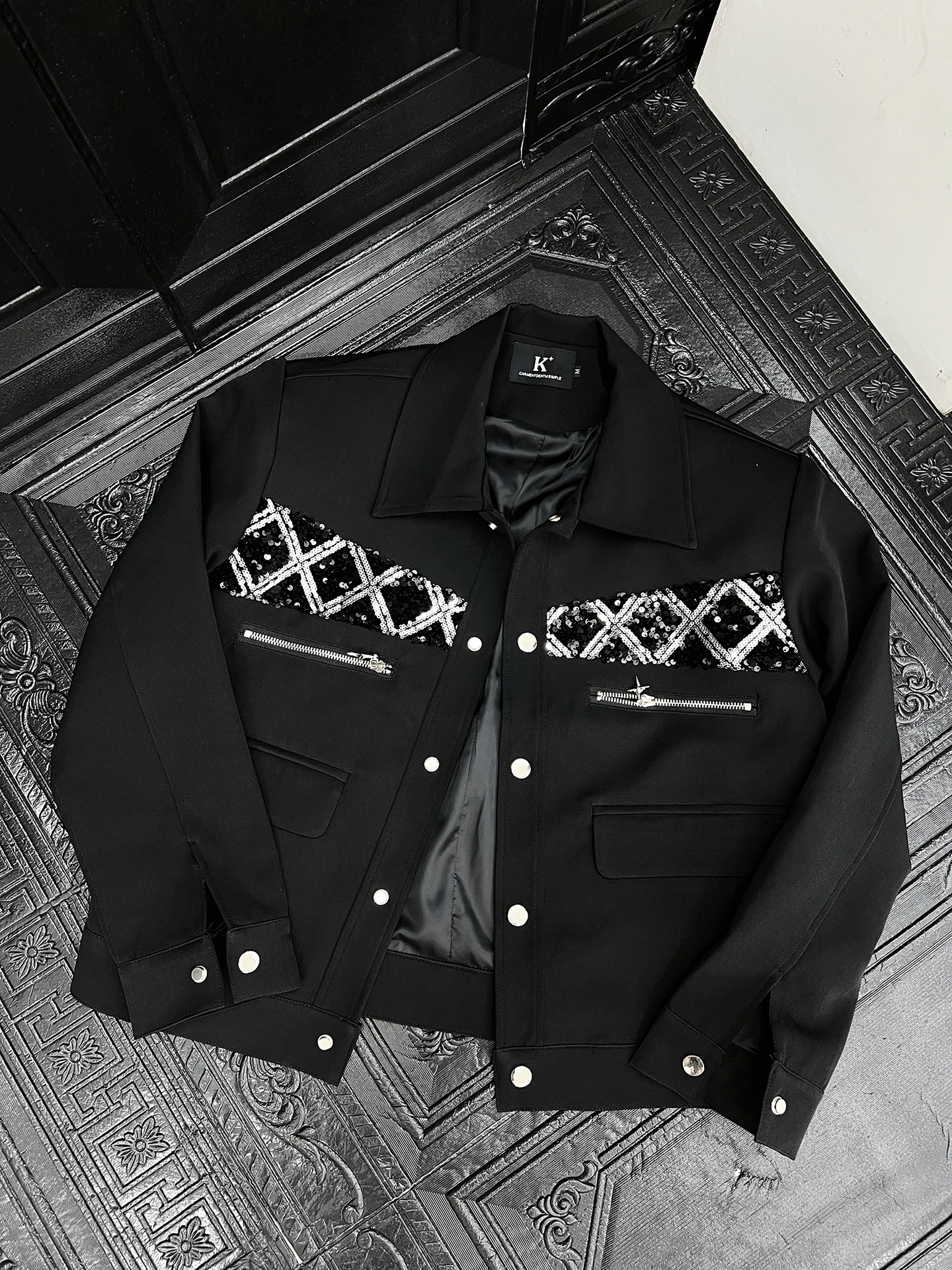 High-end Jacket Sets Men's 2025 Autumn New Handsome Niche Sequined Splicing Loose Shoulder Pads Fashion Trendy Two-piece Sets