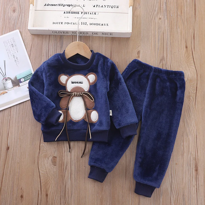 2023 New Autumn Winter Baby Clothes Pajamas Sets Girls boys Warm Flannel Fleece Cartoon Bear Pajamas Kids Home Suit 0-5Y