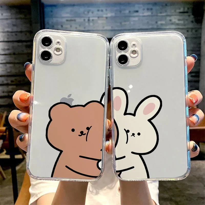 Etui na telefon Funny Bear Rabbit Paired Couple do iPhone 15 16 12 11 13 14 Pro Max Mini XR 8 14 Plus SE3 Clear Lovers Cover Fundas