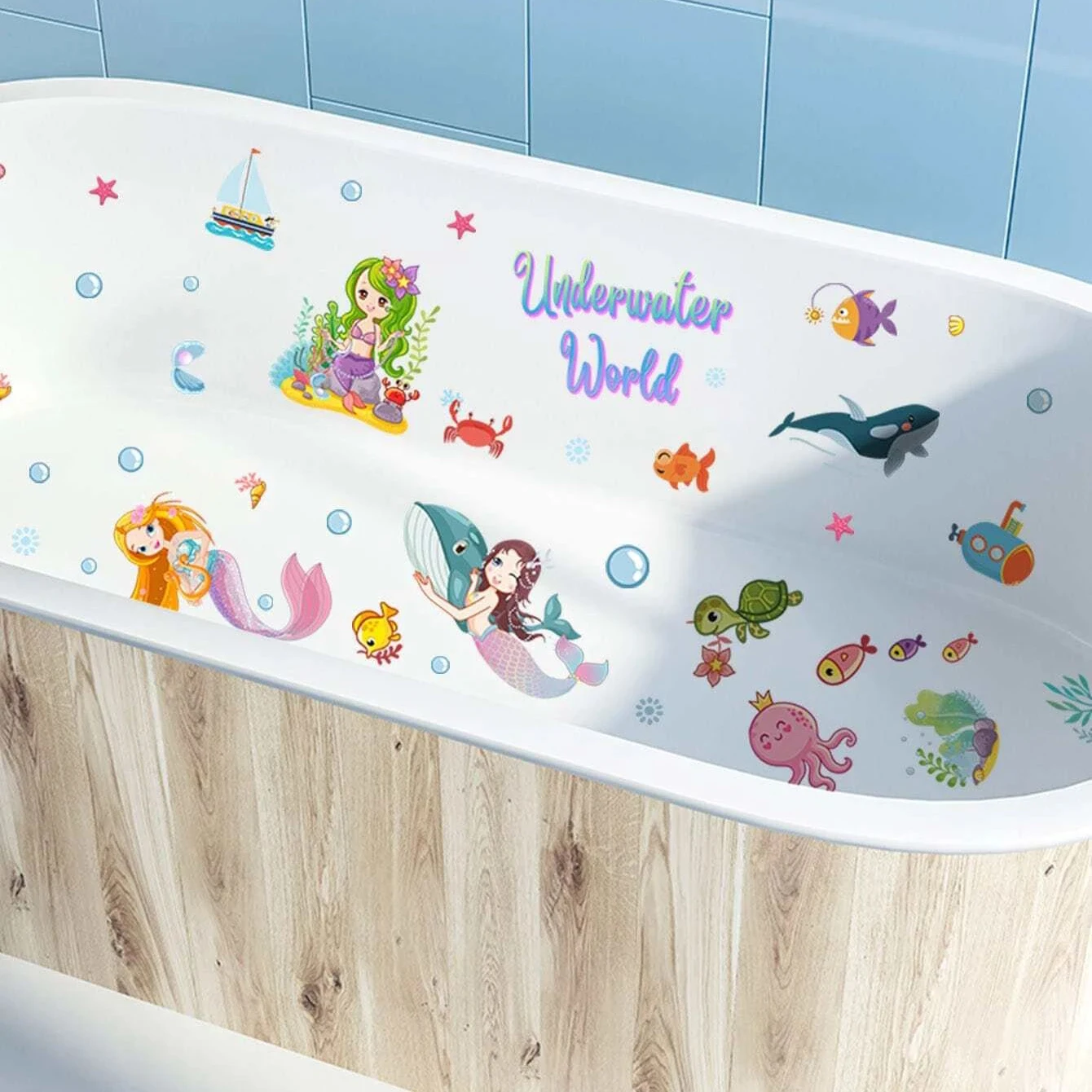 6 sheets Mermaid Sea Underwater World Cartoon Figure & Animal Print Non-Slip Bathtub Stickers - Anti-Slip PVC Bathtub Appliques