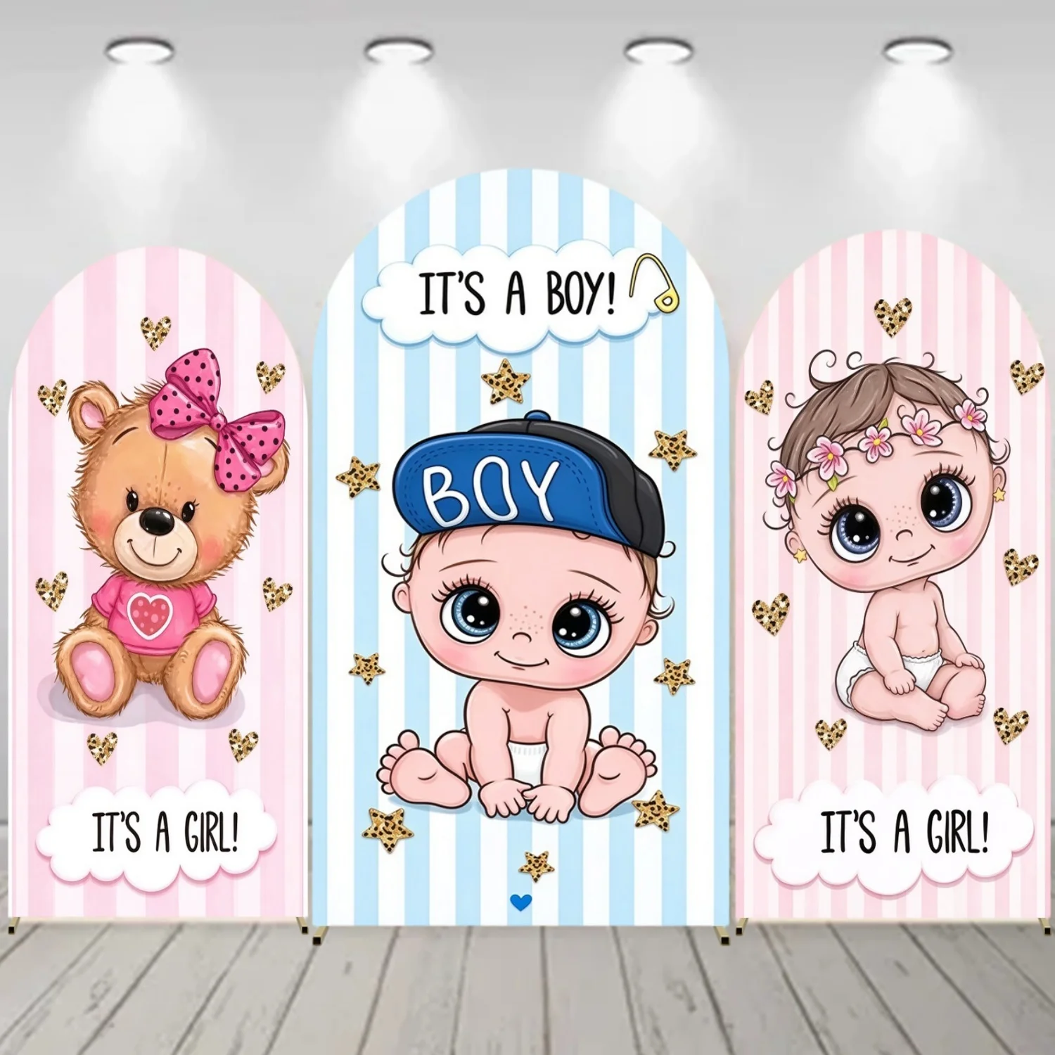 Gender Reveal Arch Backdrop Featuring Baby Boy Cap and Girl Flower Crown for Newborn Photography Studio Birthday Party Decor
