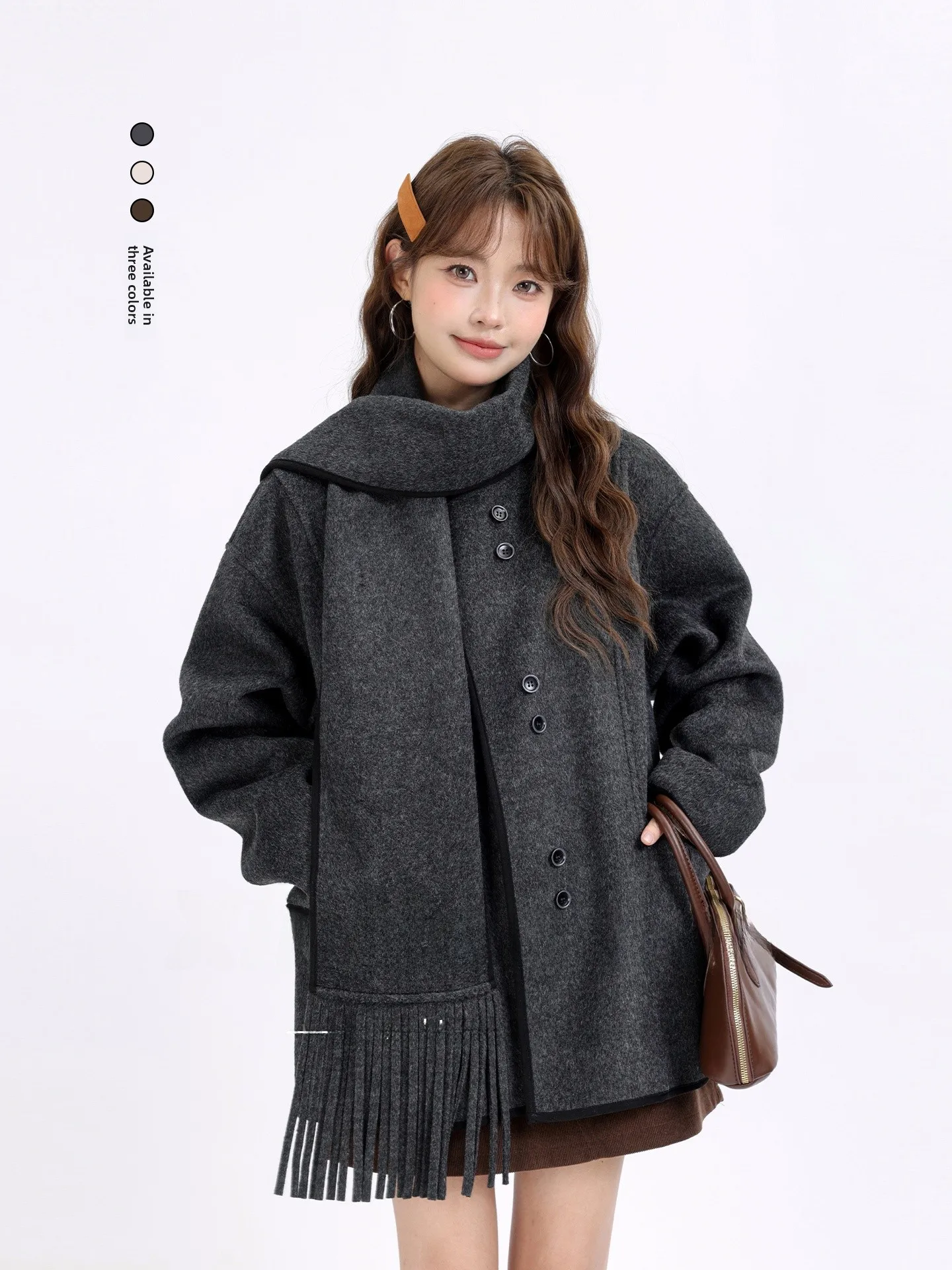 

Ele Double-Faced Woolen Coat Women's Mid-Length Tassel Trim Outerwear Korean Sle Versatile Winter Faionable Coat