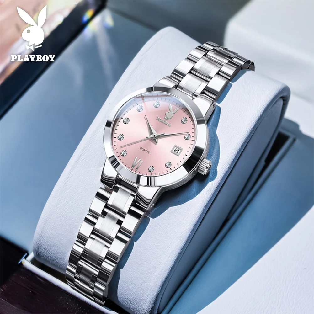 PLAYBOY 3105 Womens Watch Casual Elegant Quartz Watch Stainless Steel Date Display Waterproof Daily Wear Wristwatch for Ladies