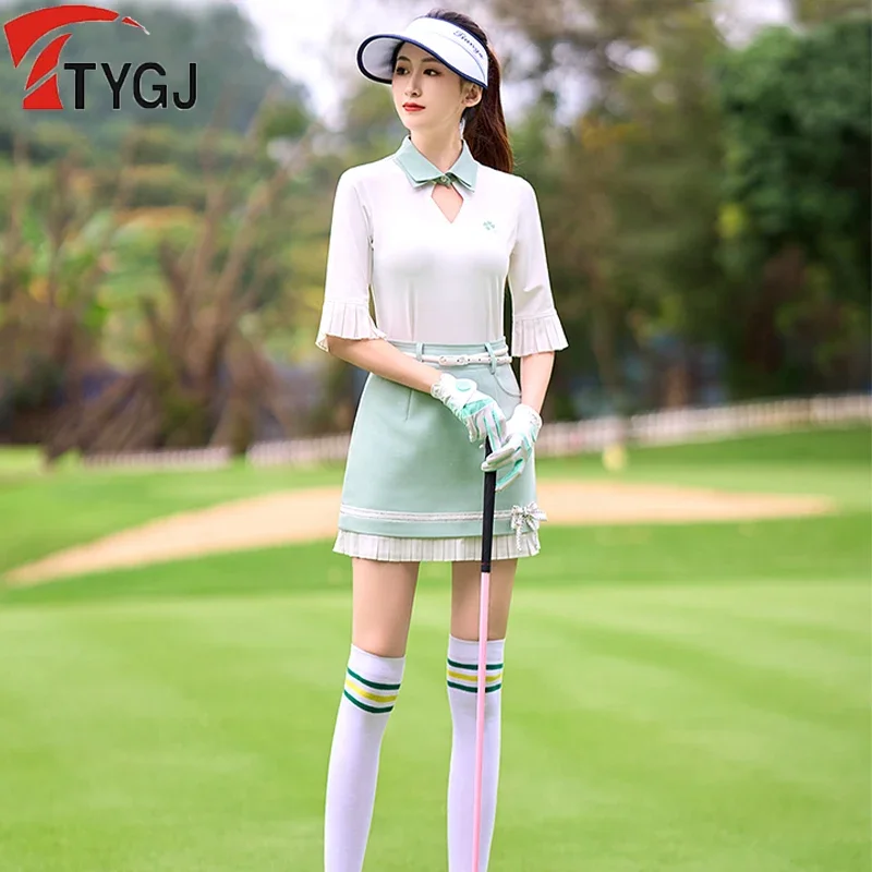 TTYGJ New Golf Women Half-sleeved T-shirt V-Neck Slim Sports Tops Ladies High-waisted Short Skort Pleated A-Lined Skorts Suit