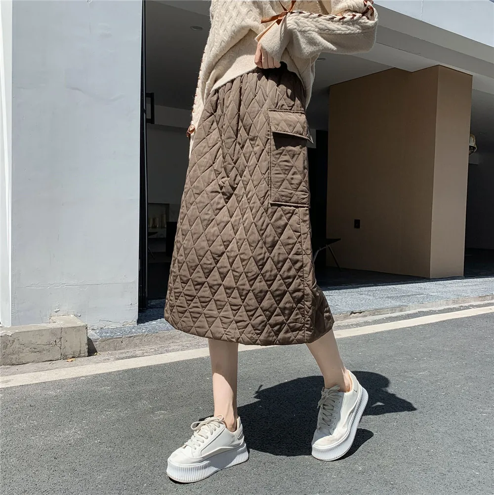 

Women Winter Down Padded A-line Skirt Back Split Solid Pockets Long Skirts Thickening Warm Bottoms Jupe Chic Female 8058