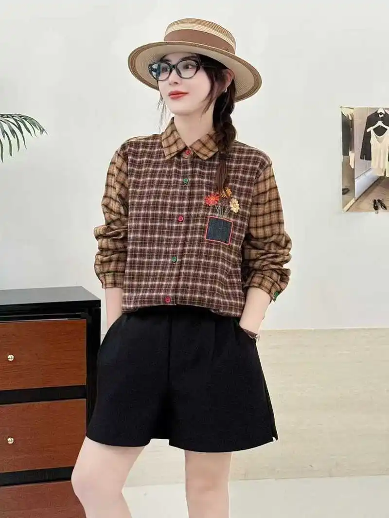 Japanese Mori Girl Vintage Plaid Embroidery Patchwork Cotton Shirts Women Autumn Turn Down Collar Long Sleeve Casual Blouse Tops
