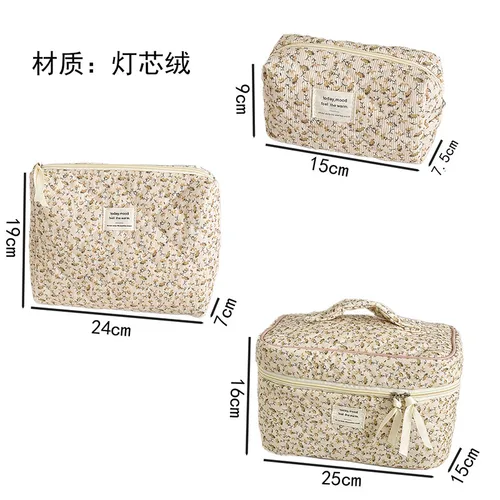 Imagen 2 del producto Bolsa de cosméticos Floral de pana Vintage para mujer, bolsas de almacenamiento de viaje Retro para mujer, bolsos de mano, estuche de maquillaje portátil para mujer, bolso de mano