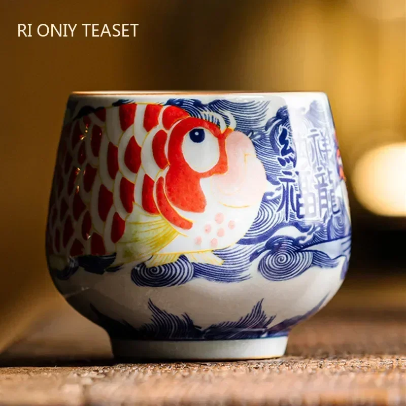 

1 Pc Chinese Ceramic Tea Cup Handmade Blue and White Fish Pattern Tea Bowl Porcelain Teacup Teaware Travel Meditation Cup 110ml