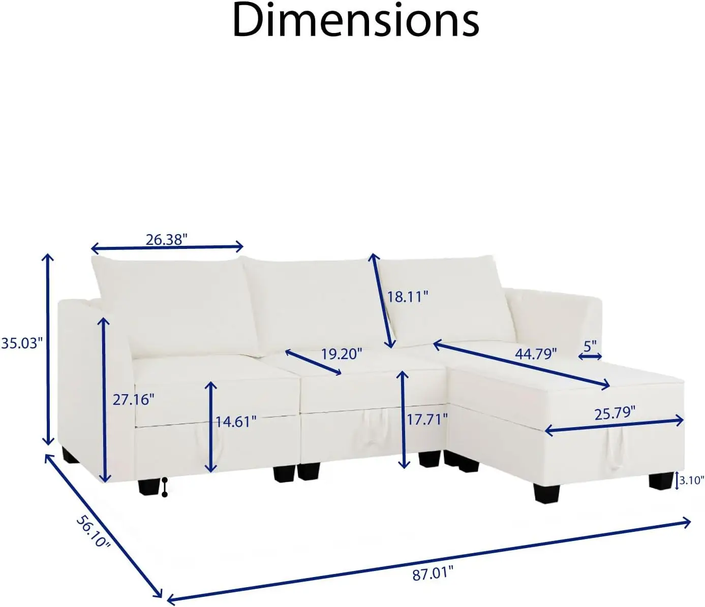 Elizabeth Modular Sectional Sofa with Storage L Shaped Modular Sofa 4-Seater Sectional Couch for Living Room, Robin Egg Blue