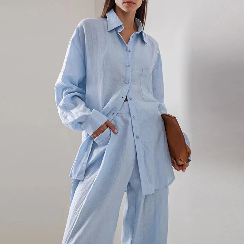 Casual Loose Long Sleeve Shirt Tops+Straight Pants Suit Temperament Commute Lady Outfits New Autumn Fashion Solid Two Piece Set