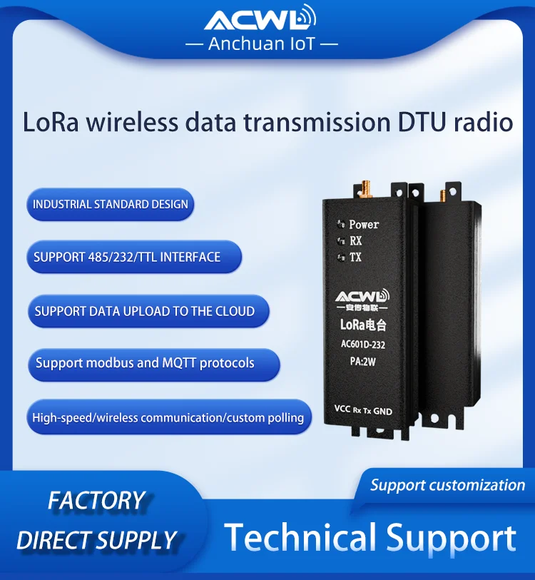 AC601D-100MW LoRa Wireless DTU RF Transceiver 485/232/TTL Serial Data Transmission 4G Long Distance Communication