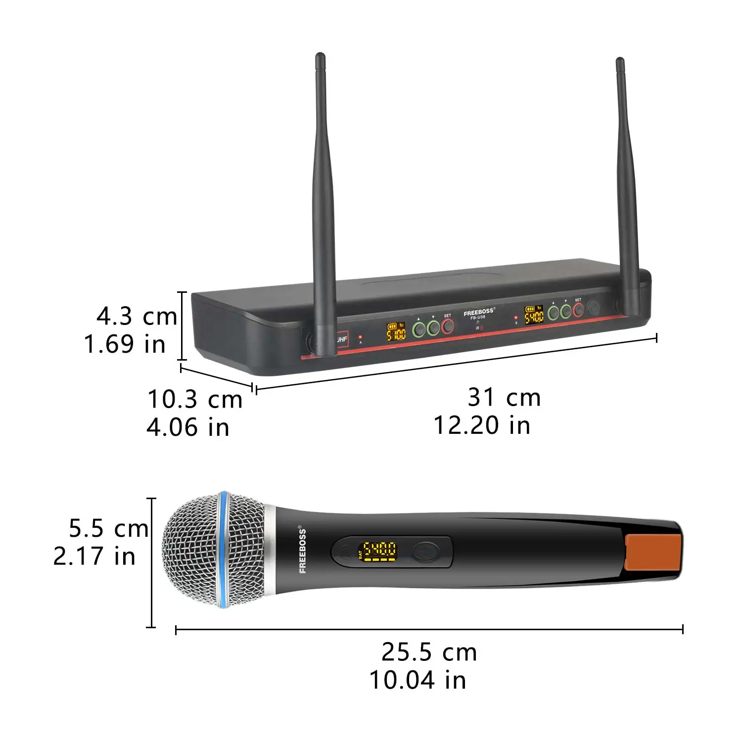 FREEBOSS UHF Microphone Wireless Dynamic Handheld 2*100 Channel Adjustable Frequency IR Cordless Mic for Karaoke Church FB-U38