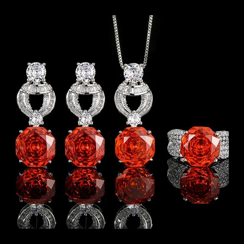 

2025 Zhuang Shengsheng Jewelry Copper Bottom Gold Plating Simulation Millennium Cut Orange Red Round Vintage Set Main St