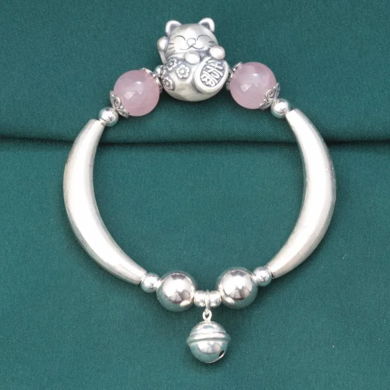 Imagem -02 - Pulseira de Prata Esterlina para Mulheres Cotovelo Gato Pulseiras Sino para Meninas Pulseira Frisada de Quartzo Rosa Étnica Vintage Jóias Artesanais Sl119 925