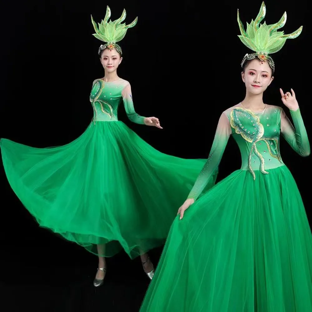 Chinese Classical Dance Clothing Women's Rhinestone Dress with Plate Skirt Professional Woman Oriental Dance Costume