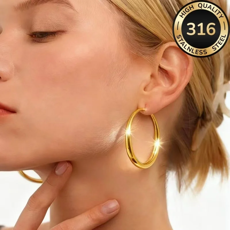 316L Edelstahl Große Runde Huggie Creolen Hypoallergene Anlauffreie Gold Silber Minimalistische Vintage Damen Schmuck