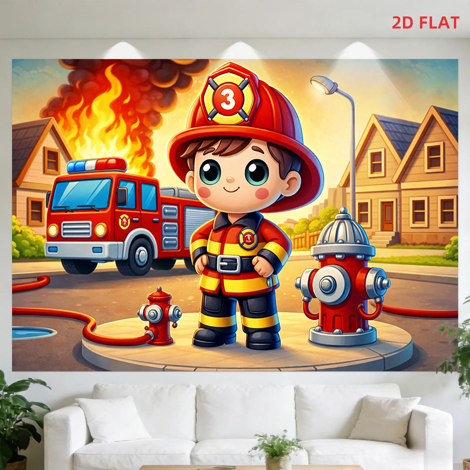 Cute Firefighter Boy Tapestry, Cartoon Fireman Wall Hanging, Kids Room Decor, Red Fire Truck Backdrop, Baby Shower Gift