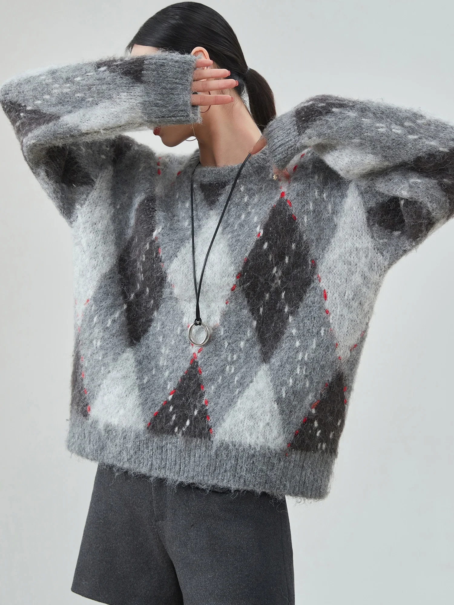 

ay Thiened Knitted Sweater Women's round Ne Pullover Winter New Sle Loose Lazy Soft Big Diamond Pattern Sweater