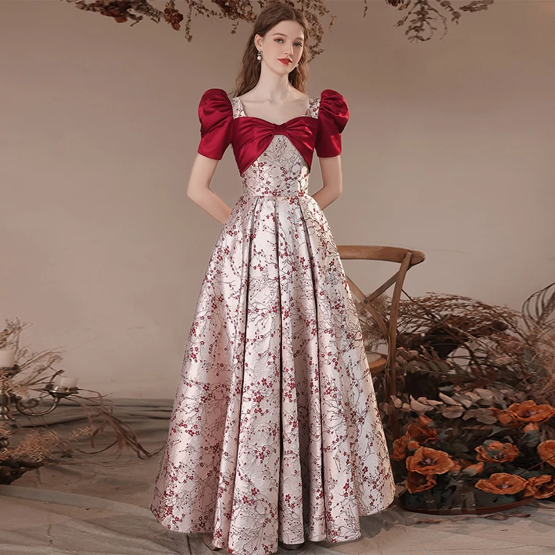 Customized   Banquet Elegant Evening Dress for Women Chinese Style Plum Blossom Satin Puff Sleeve A-line Formal Party Gowns