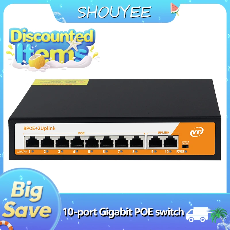 

10Port Gigabit POE RJ45 Ethernet Switch with for 802.3af/at Smart Managed Uplink Unmanaged Plug and Play,for IP Camera/NVR