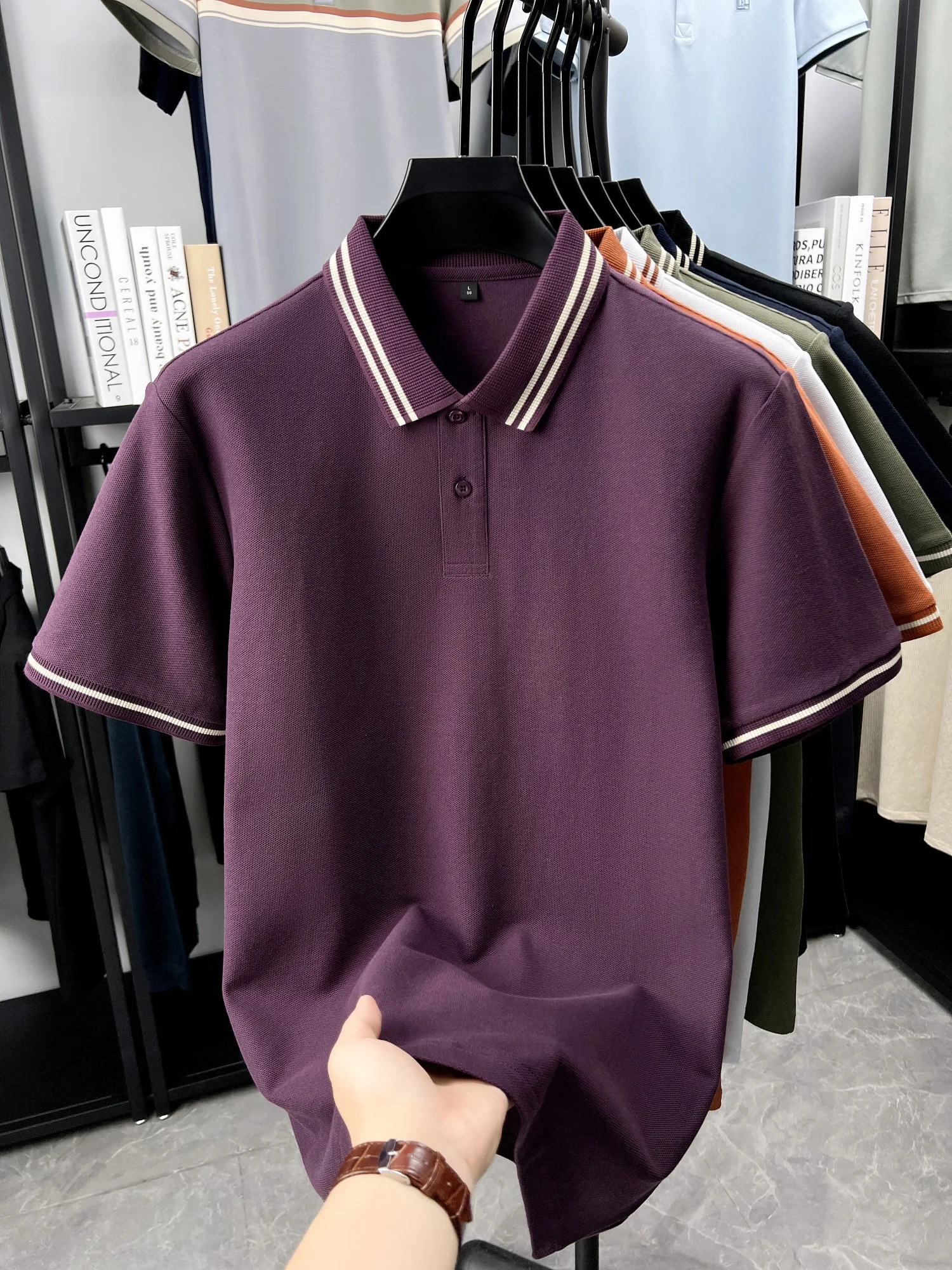 الرجال زر قميص بولو الأعمال عارضة التلبيب قصيرة الأكمام الصيف المتناقضة اللون الراقية الأزياء 100٪ القطن الخالص تي شيرت