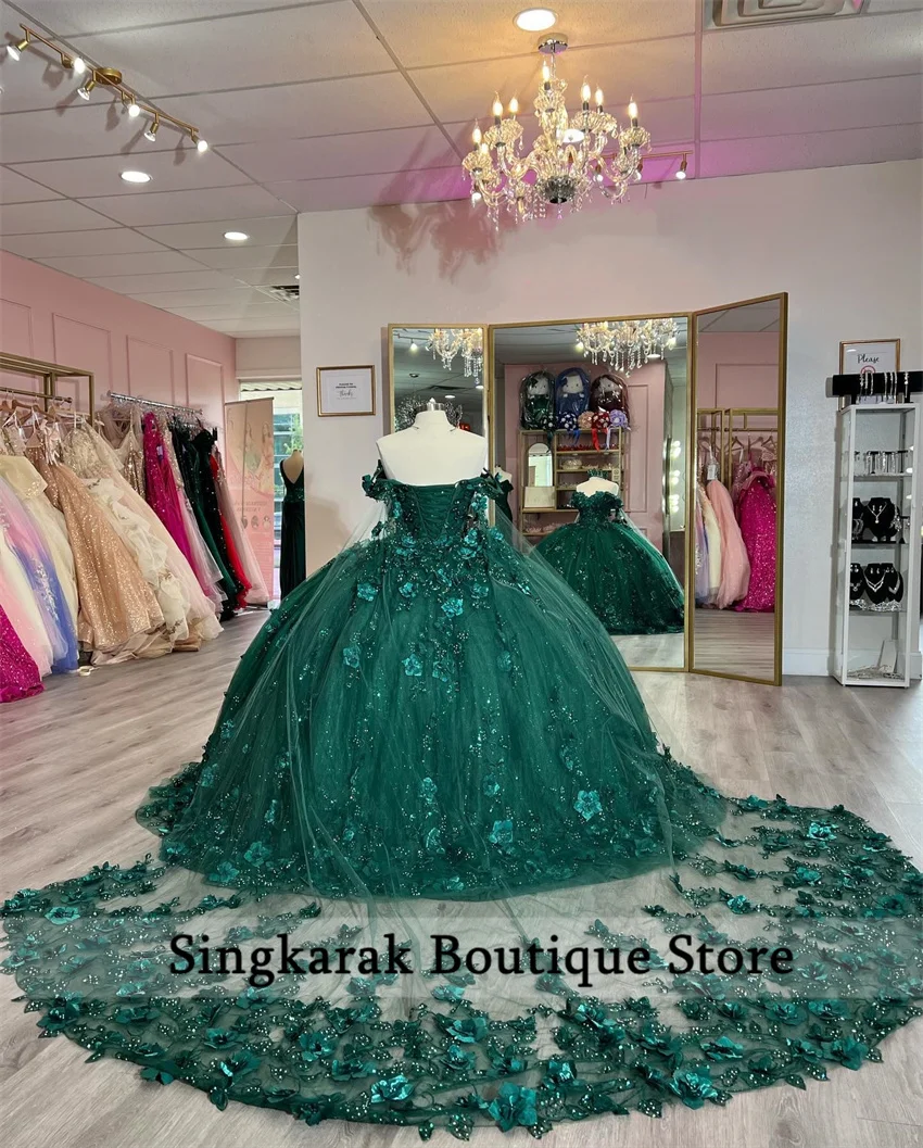 Robe Quinceanera verte émeraude à fleurs 3D avec cape, robe Sweet 16, perles de cristal, appliques de perles, fête, tout ce qui est personnalisé à 2024