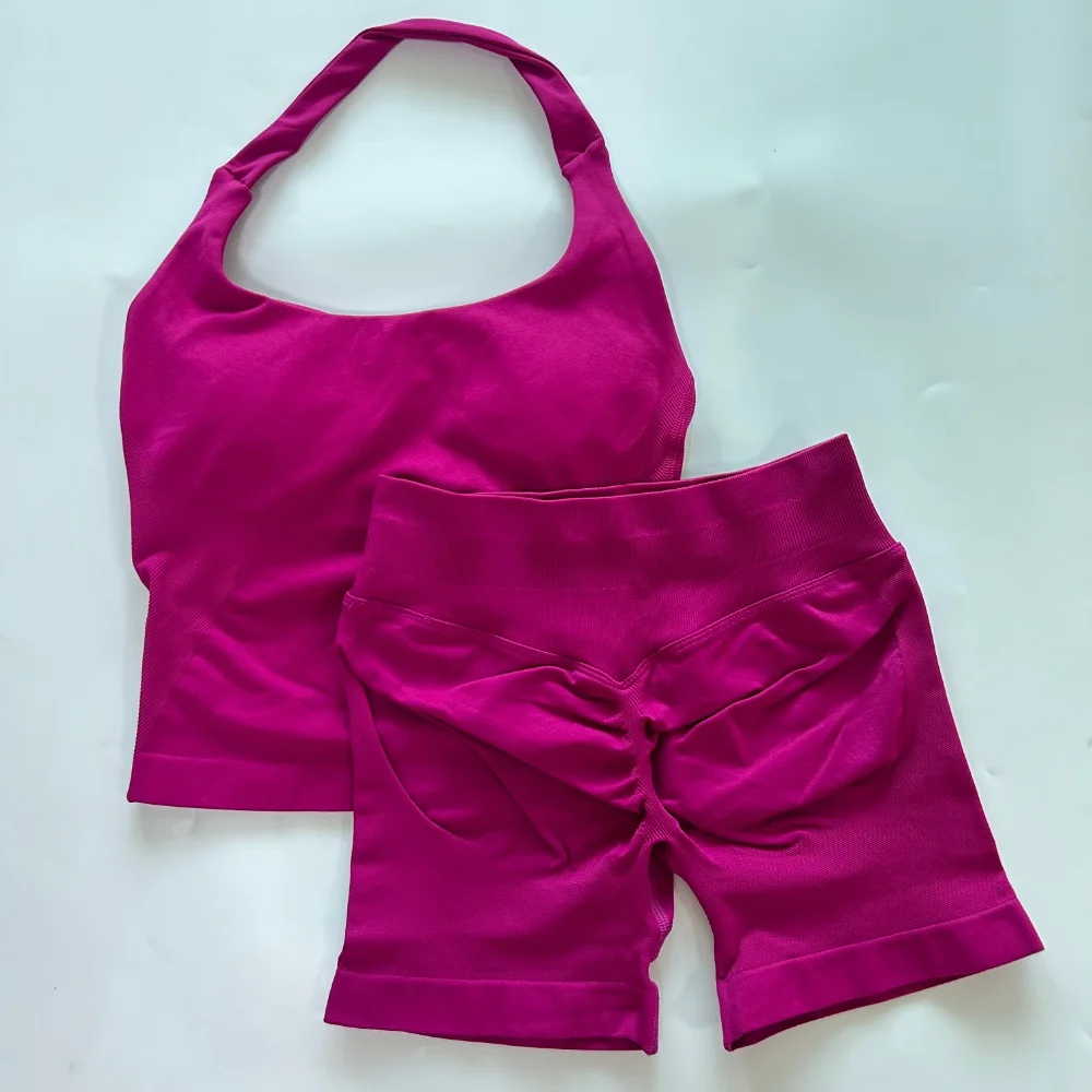 2pcs Women's Gym Set Backless Tank Top High Waist Scrunch Shorts Seamless Fitness Activewear Workout Suit image 6