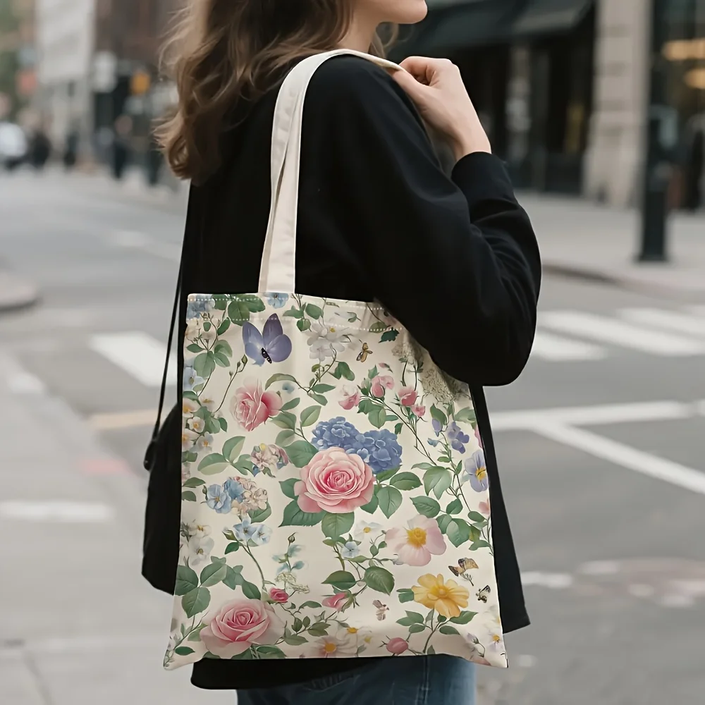 1pc,Double-sided PrintVintage Watercolor Rose Butterfly Garden Shoulder Bag, Multi-Color Peony, Wild Rose & Insect Floral Full P