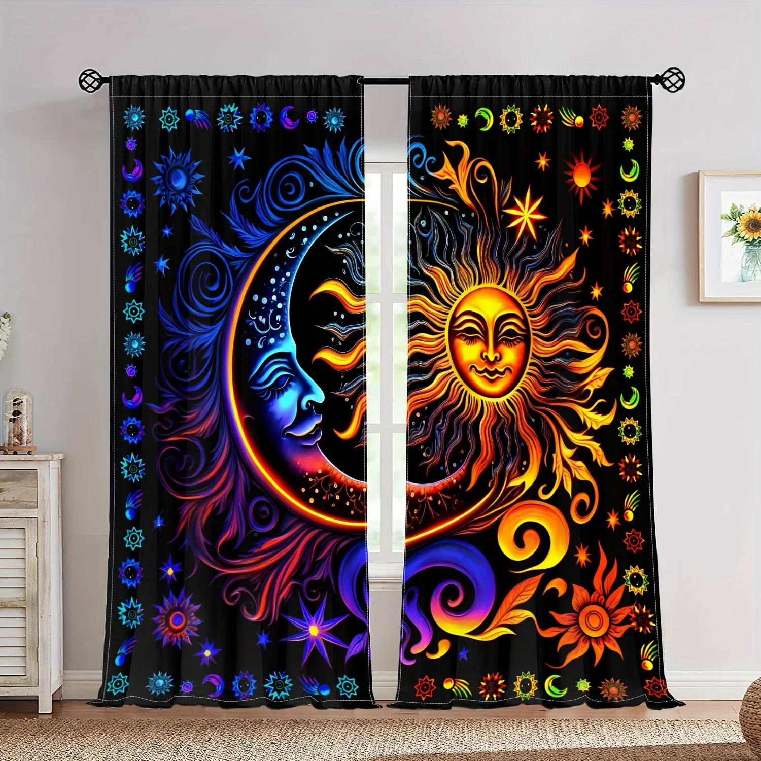 2pcs Home Decoration Curtain Black Life Tree Colorful Sun Face Modern Printed Curtain Rod Pocket Curtains For Kitchen LivingRoom