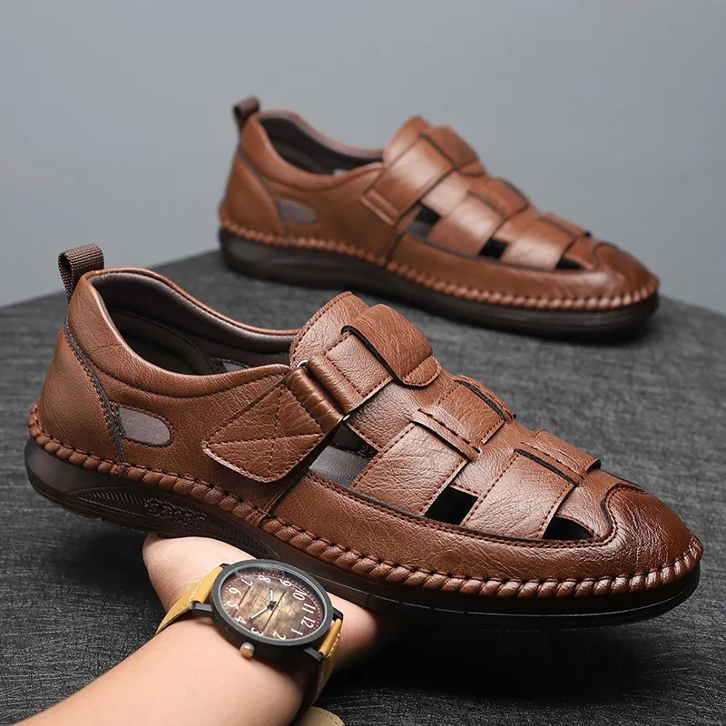 Summer Hollow Flat Head Roman Style Men\'s Sandals Designer New Fashion Slip-on Soft Leather Casual Outdoor Walk Men\'s Shoes