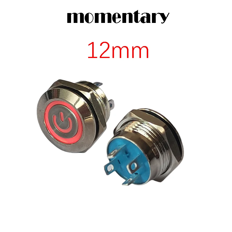 12mm Power Logo Super Short Metal Button Switch IP65 3V/6V/12V/24V Snap 50mA No Locking Momentary Auto Reset Click Button