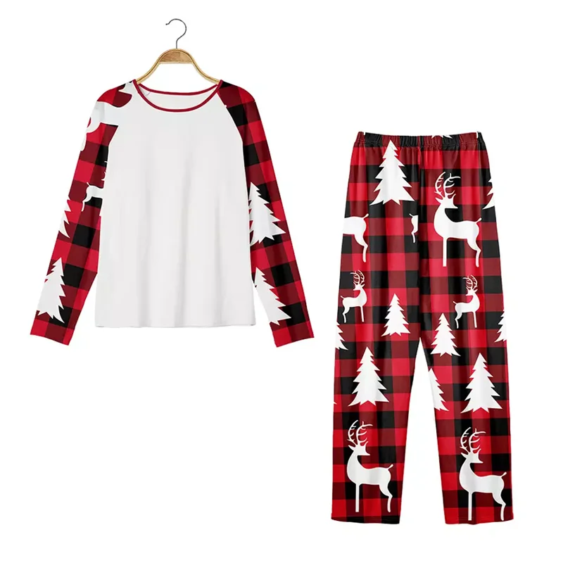 Sublimation Blank Polyester Christmas Family Plaid Long Sleeve Clothes Sleepwear Matching Outfits Pajamas Set for Customized