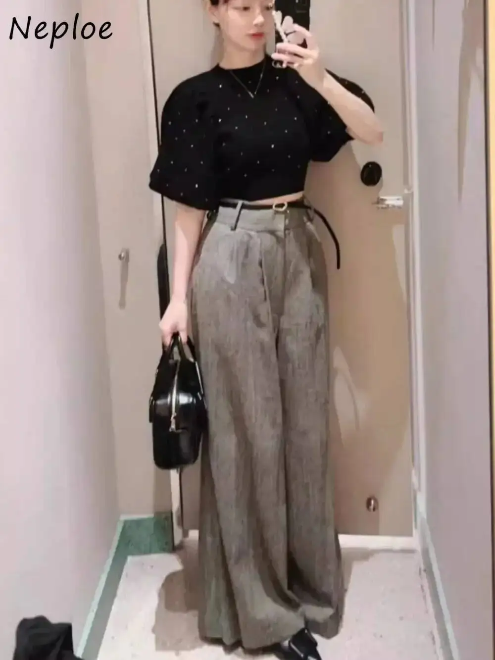 

Свободные повседневные брюки средней длины BabYoung с высокой талией, универсальные тонкие брюки со рюшами и поясом, широкие брюки, японские прямые мягкие спортивные штаны