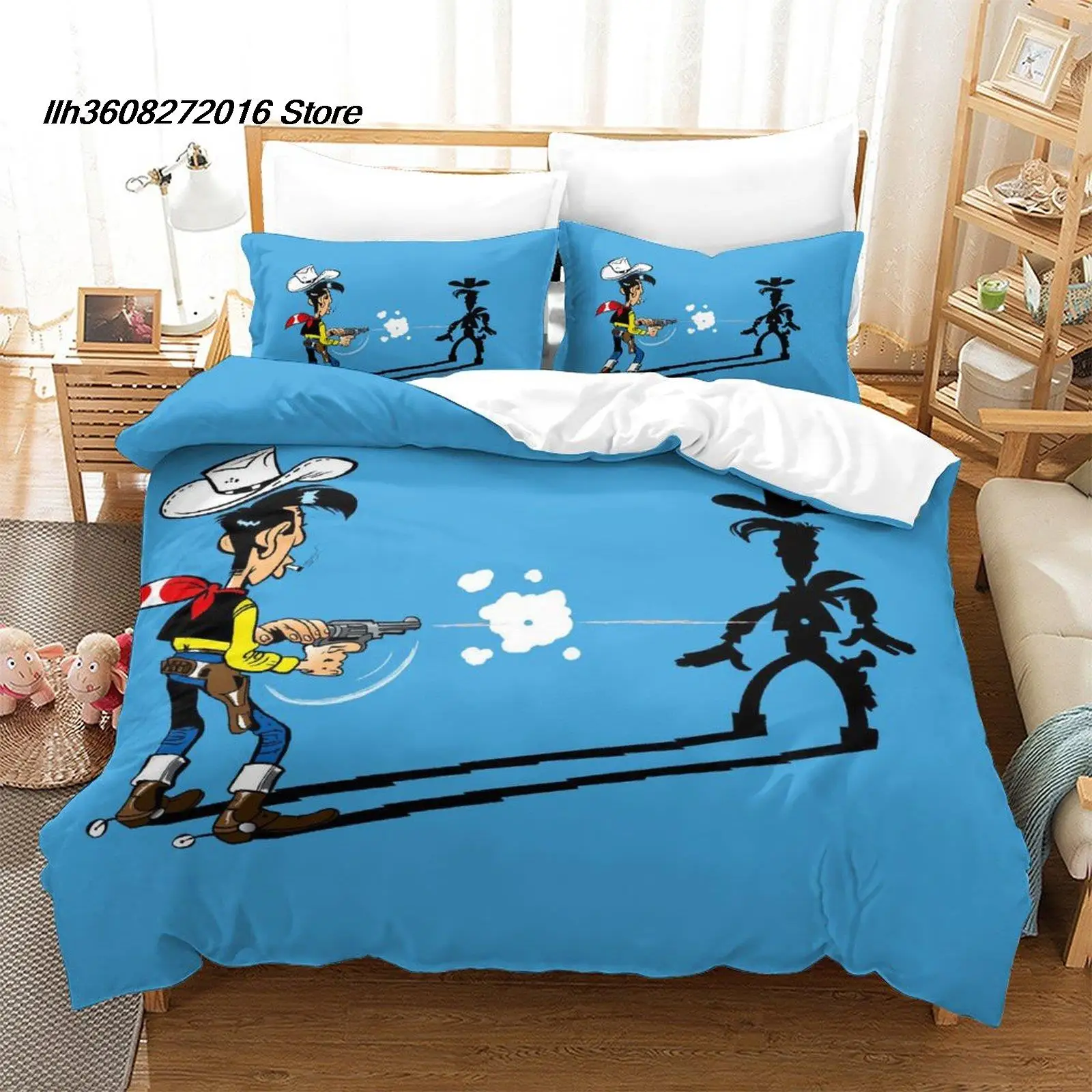 Conjunto de Cama Lucky Luke com Estampa de Cowboy Ocidental, 3 Peças, Capa de Edredom de Microfibra Macia, Fronhas, Presente para Fãs de Desenhos Animados, Decoração de Quarto