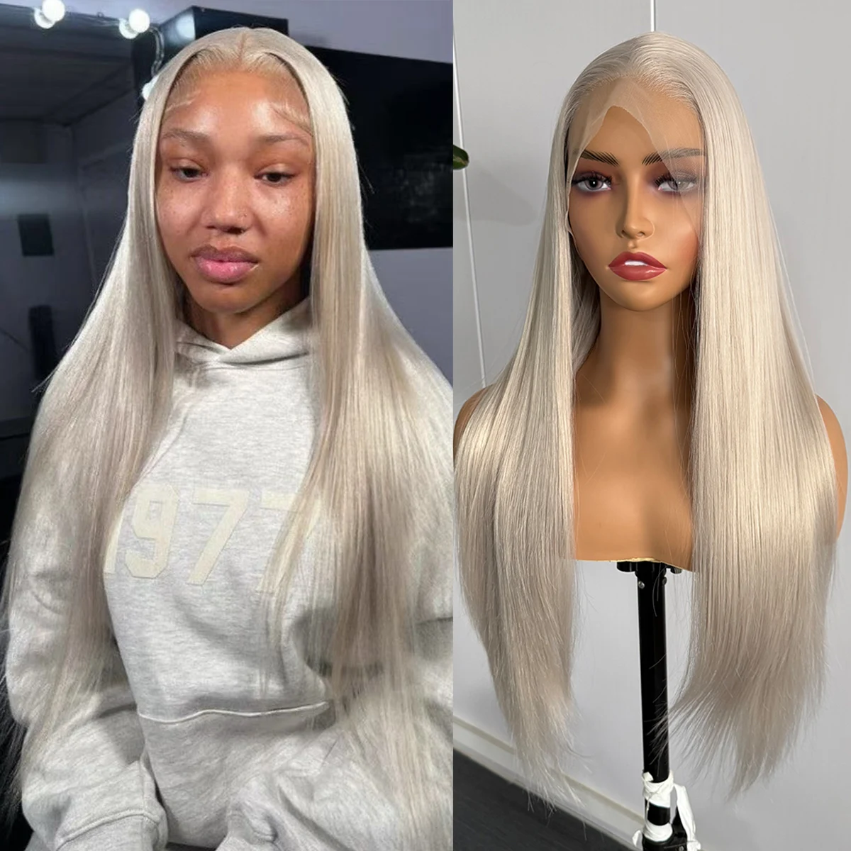 

Пепельно-русый длинный шелковистый прямой парик из синтетических волос с белыми прядями, на кружевной основе, из термостойкого волокна, для повседневной носки и косплея