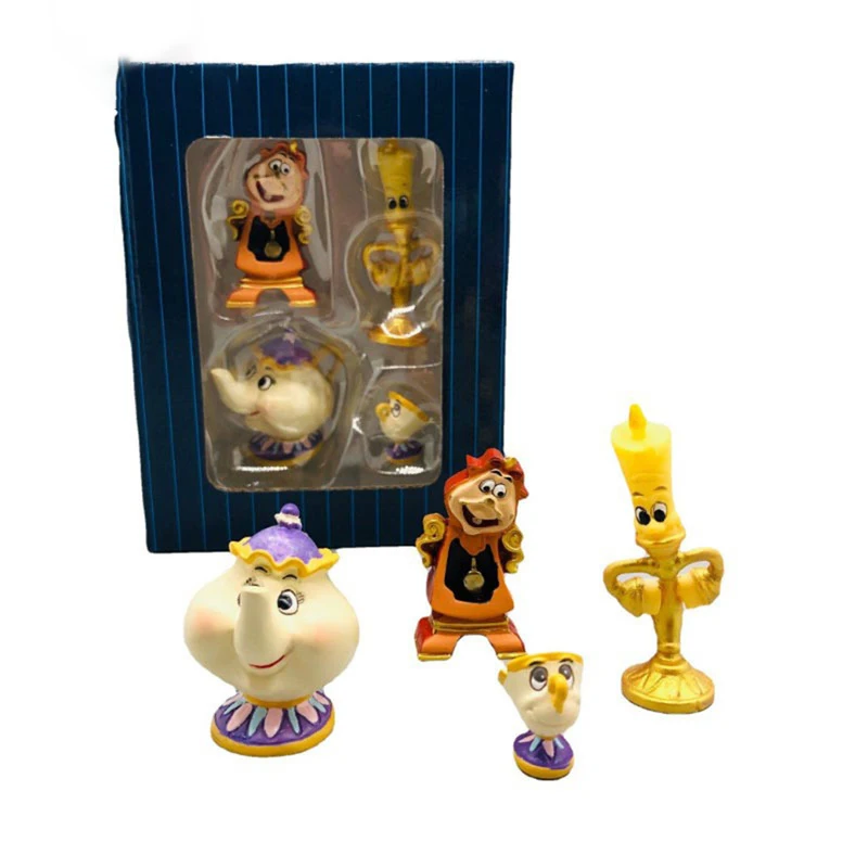 Disney 4pcs Beauty And The Beast Lumiere Candle Candlestick Teapot Cup Cogsworth Action Figure Toys Decoration Dolls Girls Gift