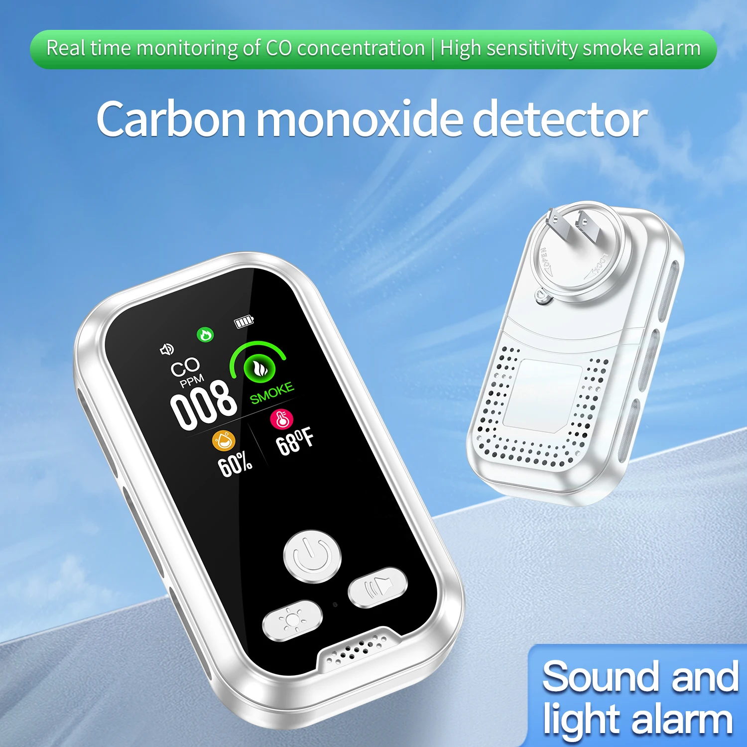 New 6 in 1 Gas Detector AC Plug Smoke CO CO2 Combustible Gas Leak Alarm Monitor with Temperature Humidity Display Safety Tester