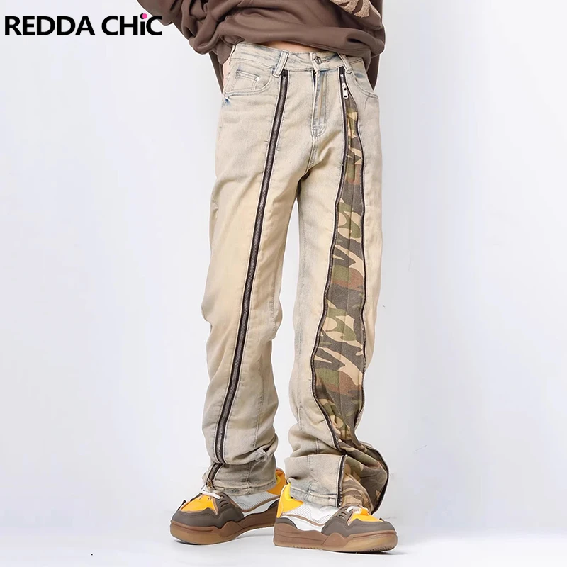 REDDACHIC Dual Zipper Camouflage Print Straight Jeans Men Plus Size Relaxed Denim Pants Hiphop Trousers Vintage Y2k Streetwear