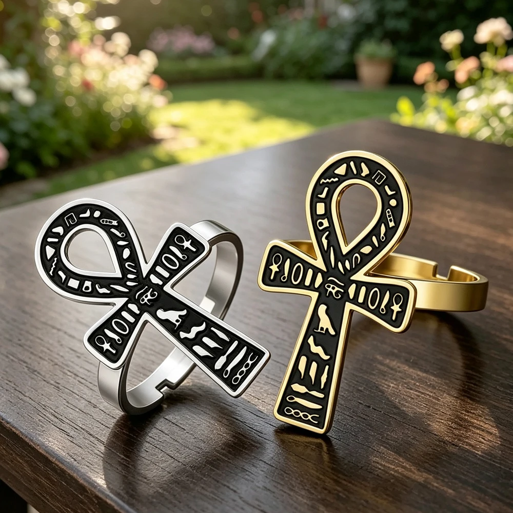1pc Ankh Cross Adjustable Ring Hieroglyphic Ancient Egyptian Protection Amulet Stainless Steel Open Rings Religious Jewelry