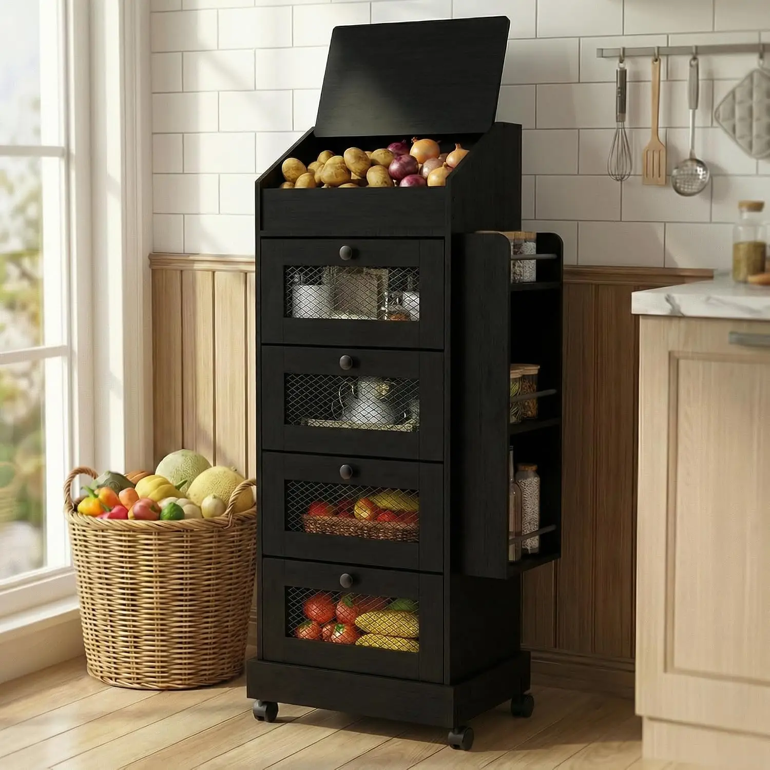 Bread Box 5 Tier Rolling Potato Storage Bin Side Rack Black