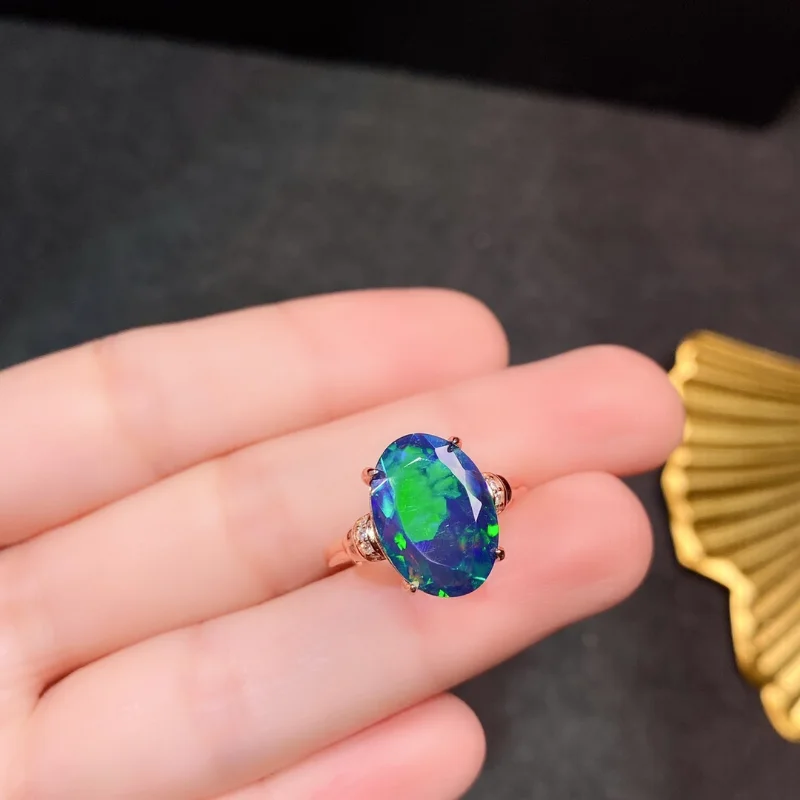 Fine Jewelry Ring for Party10x14mm Facet Natural Black Opal Luxury 925 Silver Opal Ring Gift for Woman