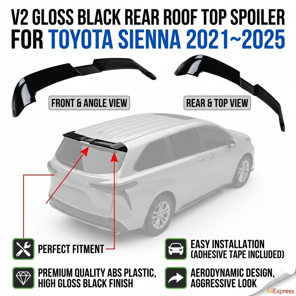 Rear Trunk Boot Roof Lip Lid Spoiler Cap For Toyota Sienna 2021~2025 V2 Gloss Black Rear Roof Top Spoiler Wing Extension Car Exterior Modification Parts - view 7