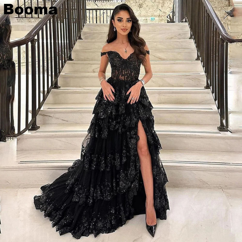 Booma Black Shiny Prom Dresses Off Shoulder Tiered Wedding Party Dress High Side Slit Evening Gown A-Line Long Celebration Dress