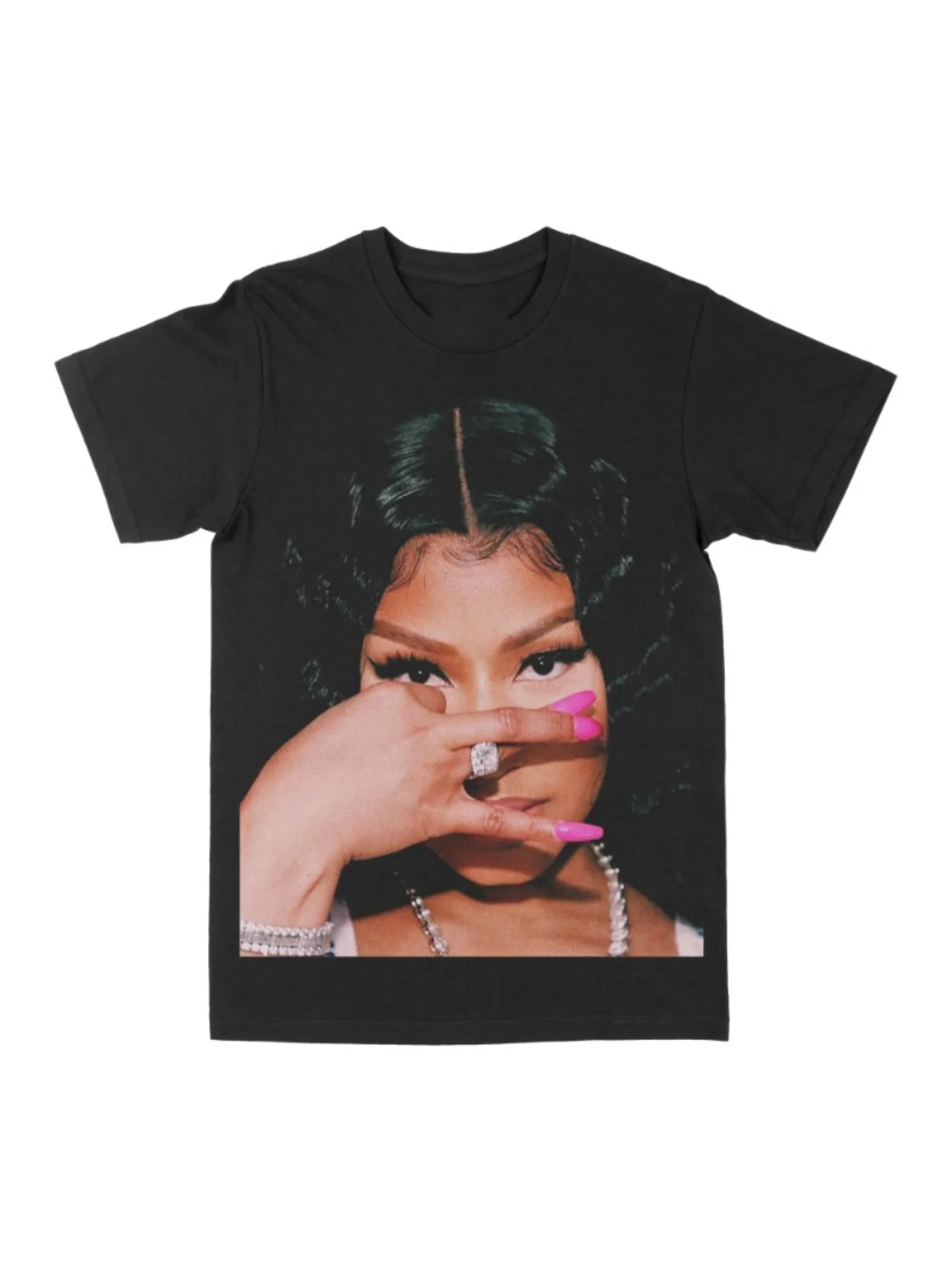 

Minaj Big Face Black Hair Graphic Tee Summer Creative Print Design, Slightly Elastic Regular Version, Fashionable