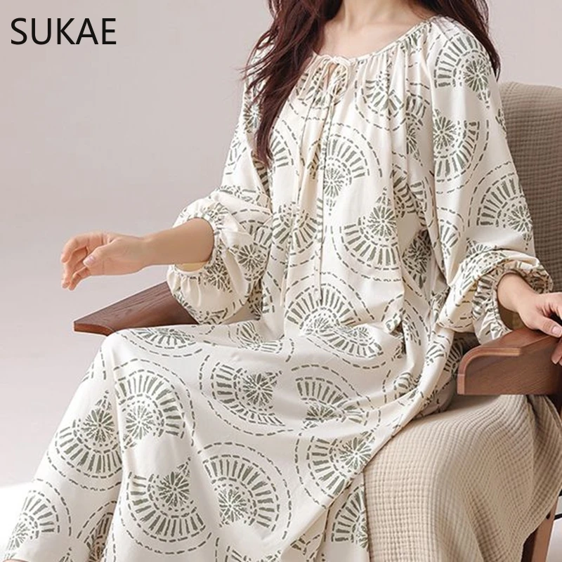 SUKAE Gorgeous Long Sleepshirt Elegant Women Nightgowns Spring Vintage Court Style Lady Chic Dress Autumn Faux Cotton Nightdress