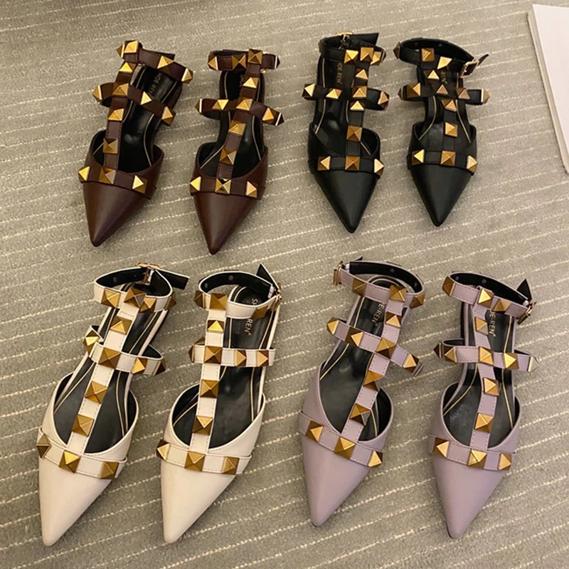 

New Rivet Mules Sandals Women Flats Rome Shoes Female Pointed Toe Casual Slides Ladies Fashion 2023 Summer Fashion Beach Sandals