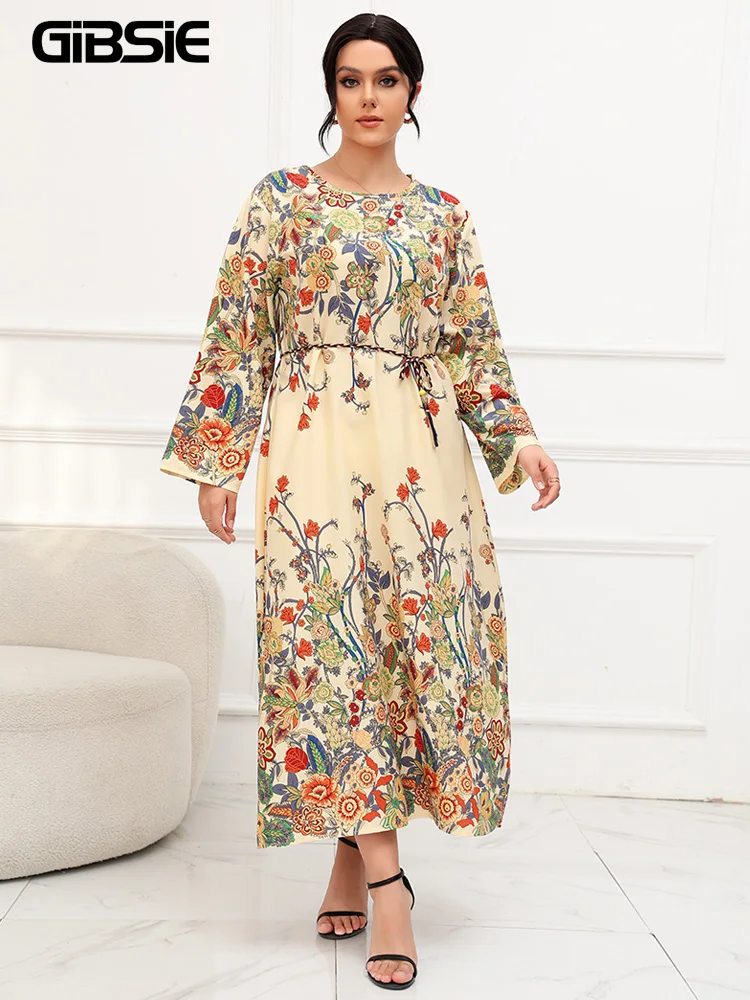 GIBSIE Plus Size Floral Print Belted Maxi Dress Women 2023 Autumn New Vintage Long Sleeve O-Neck Casual Loose Boho Dresses